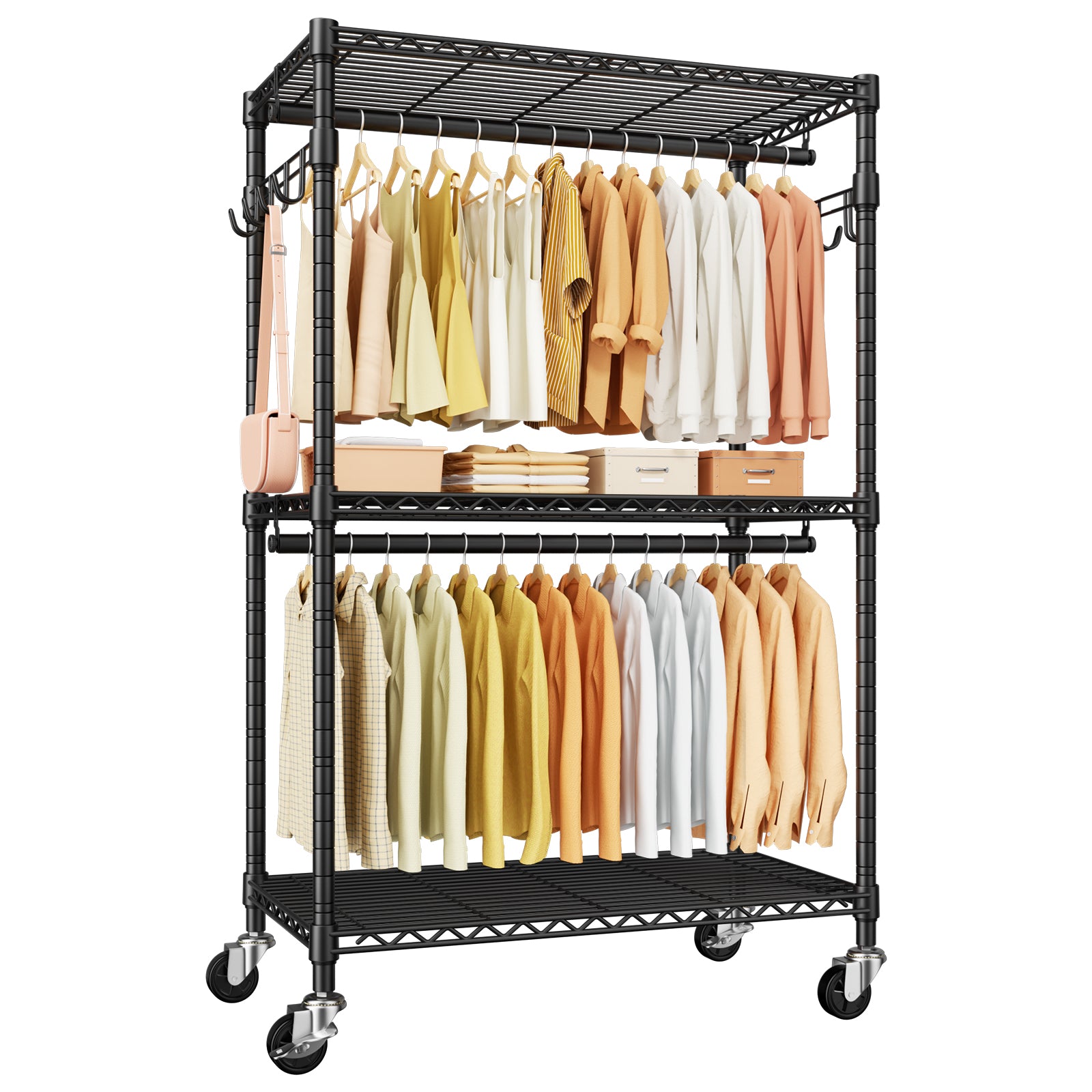 P1 35.4"W Single Column Garment Rack with Lockable Wheels, 500LBS Capacity & 3 Adjustable Wire Shelves