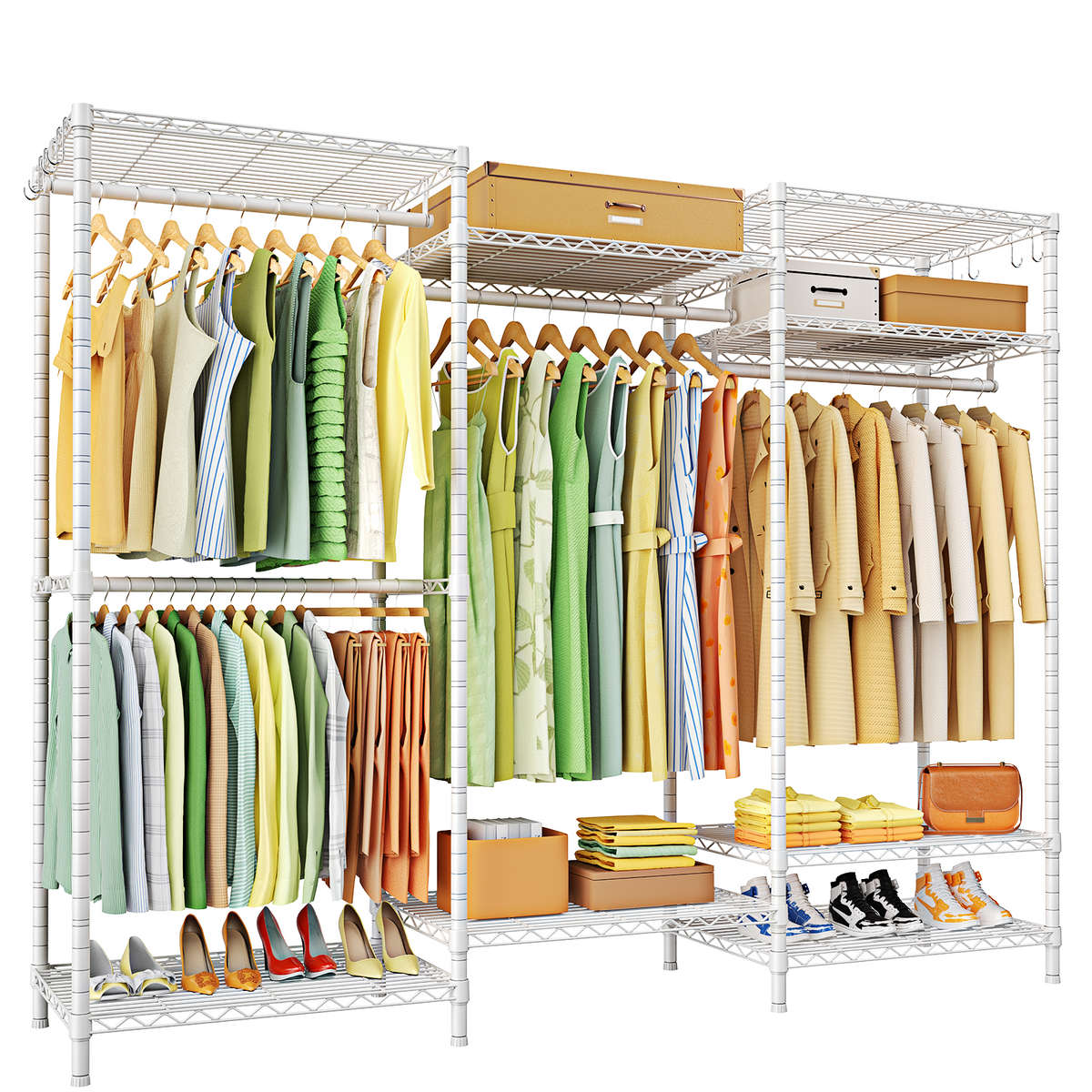 E13 Triple Column Garment Rack (Black), 900LBS Load, 8-Tier Shelves, 4 Hanger Rods & 8 S Hooks