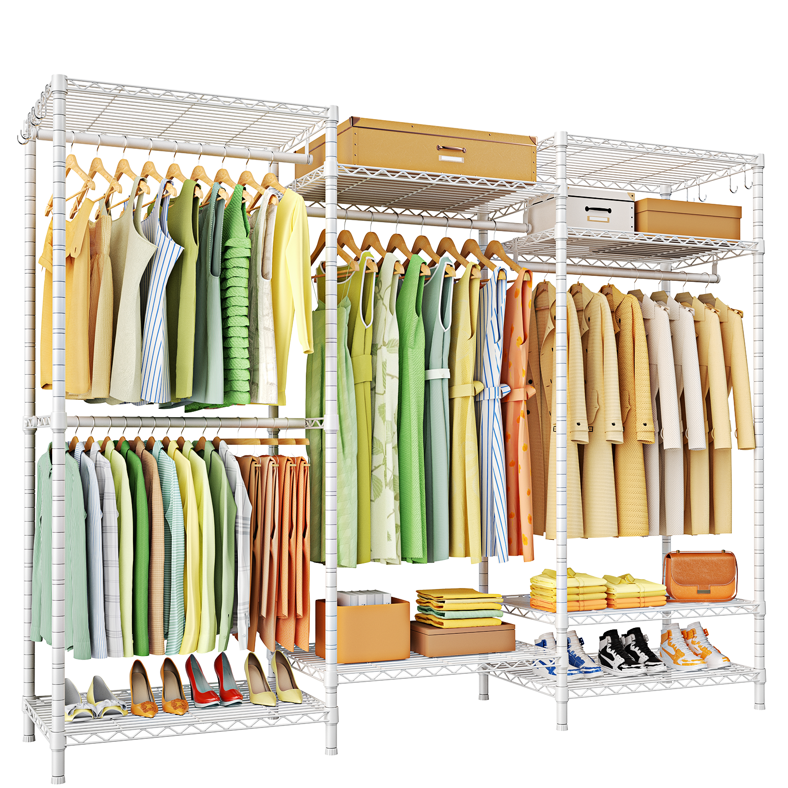 E13 Triple Column Garment Rack (Black), 900LBS Load, 8-Tier Shelves, 4 Hanger Rods & 8 S Hooks