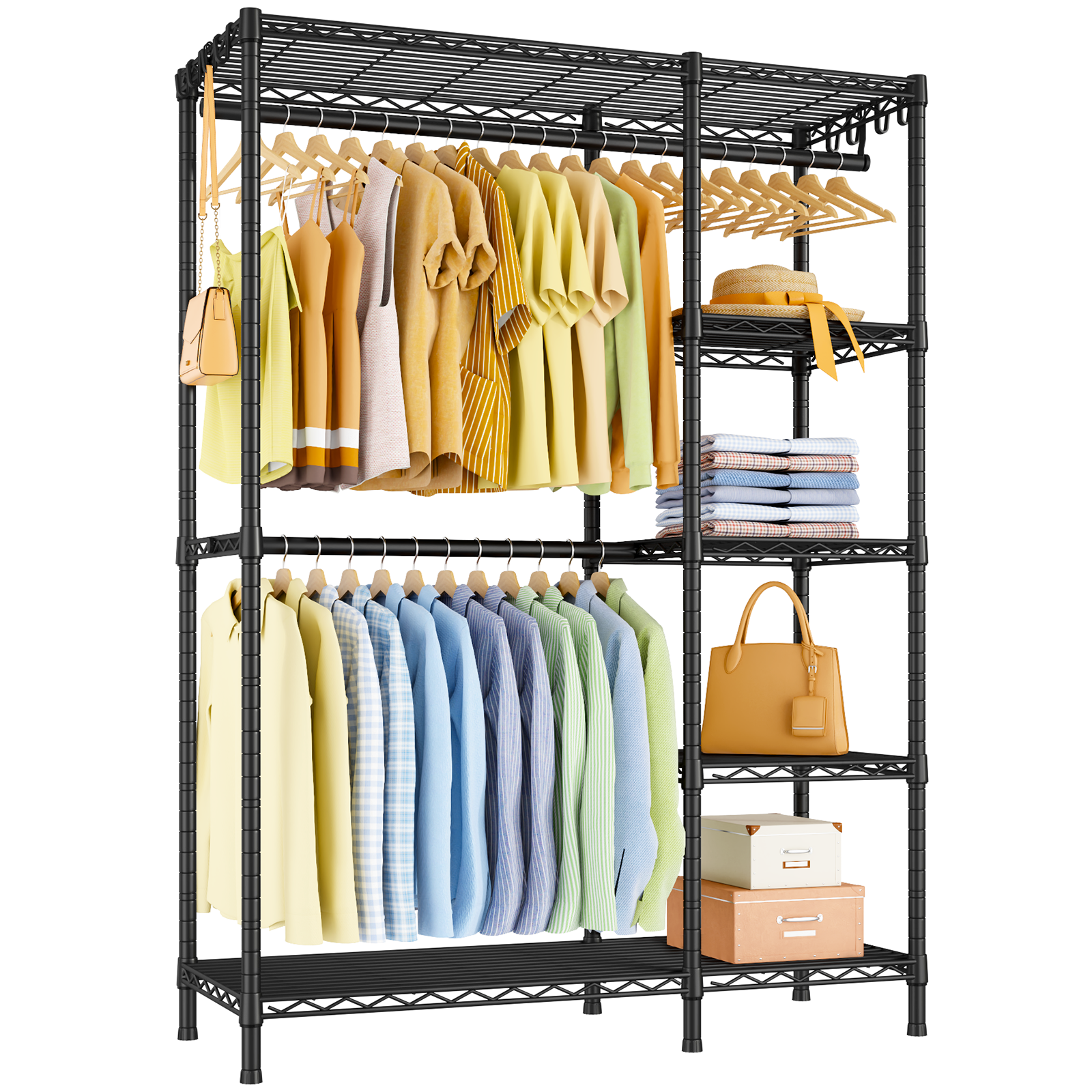 F2 45"W Double Column Garment Rack (Black), 630LBS Load & 5-Tier Adjustable Shelves