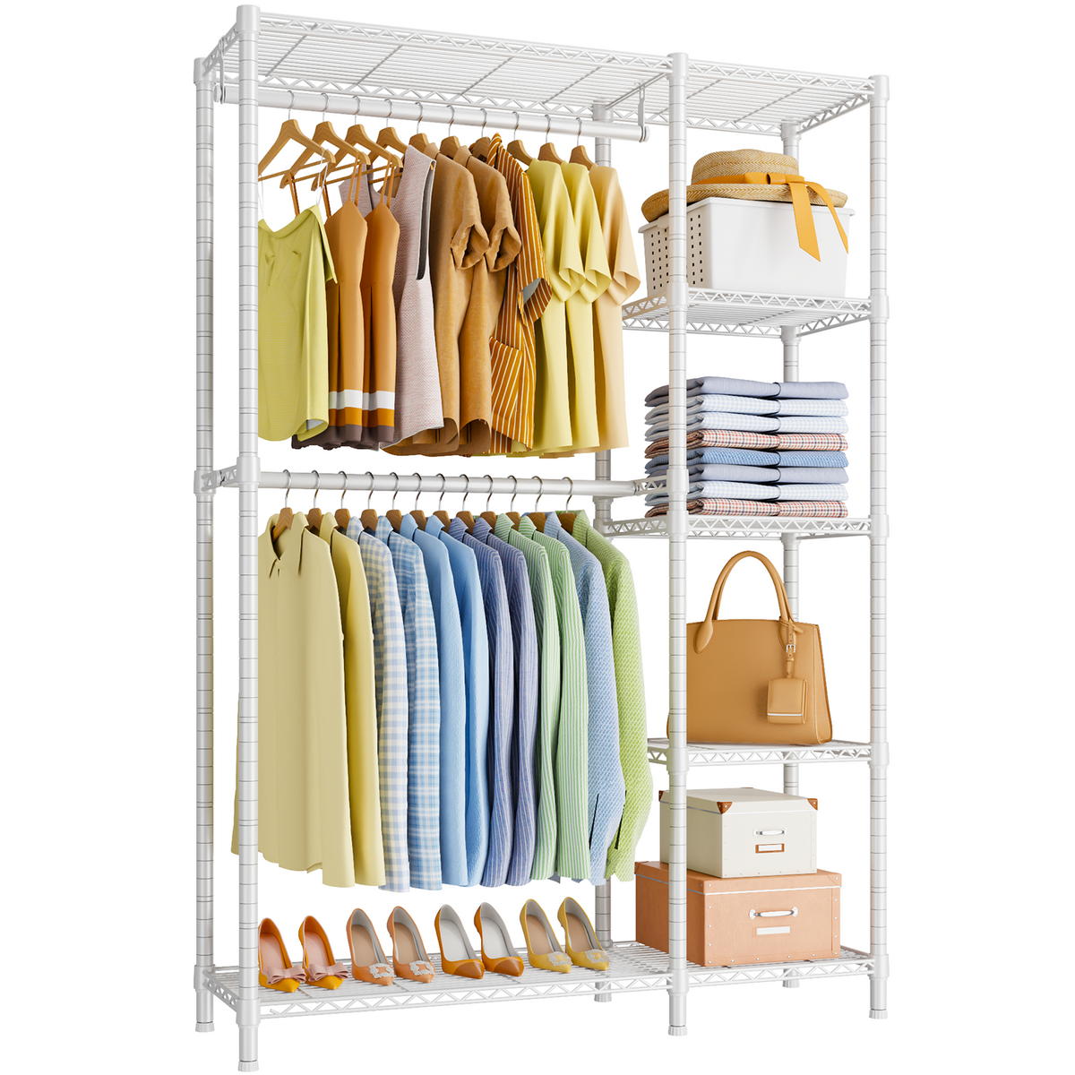 F2 45"W Double Column Garment Rack (Black), 630LBS Load & 5-Tier Adjustable Shelves