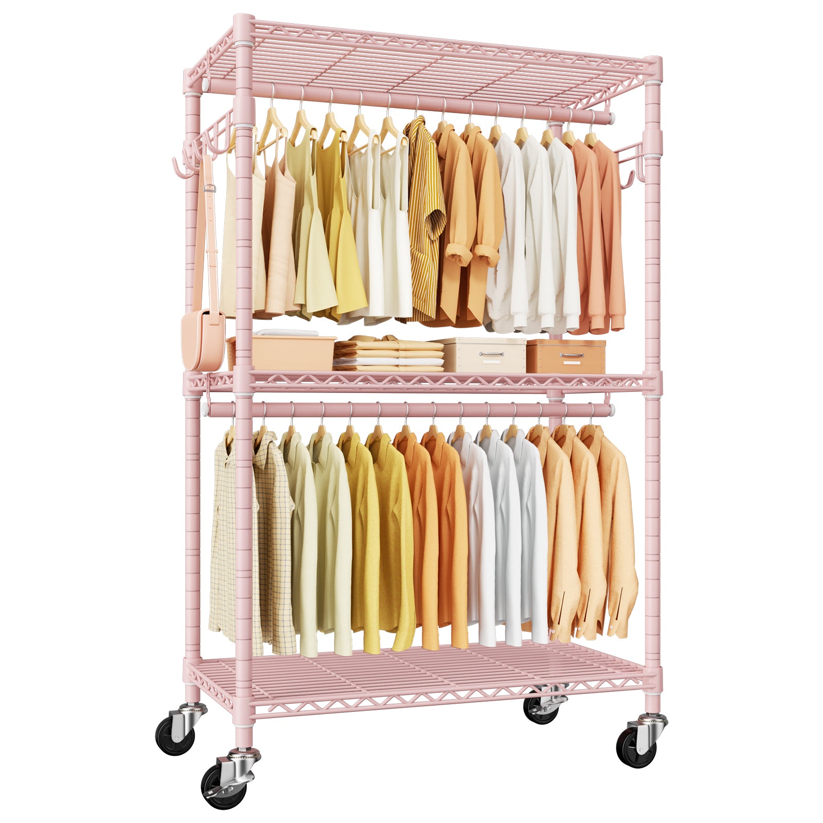 P1 35.4"W Single Column Garment Rack with Lockable Wheels, 500LBS Capacity & 3 Adjustable Wire Shelves