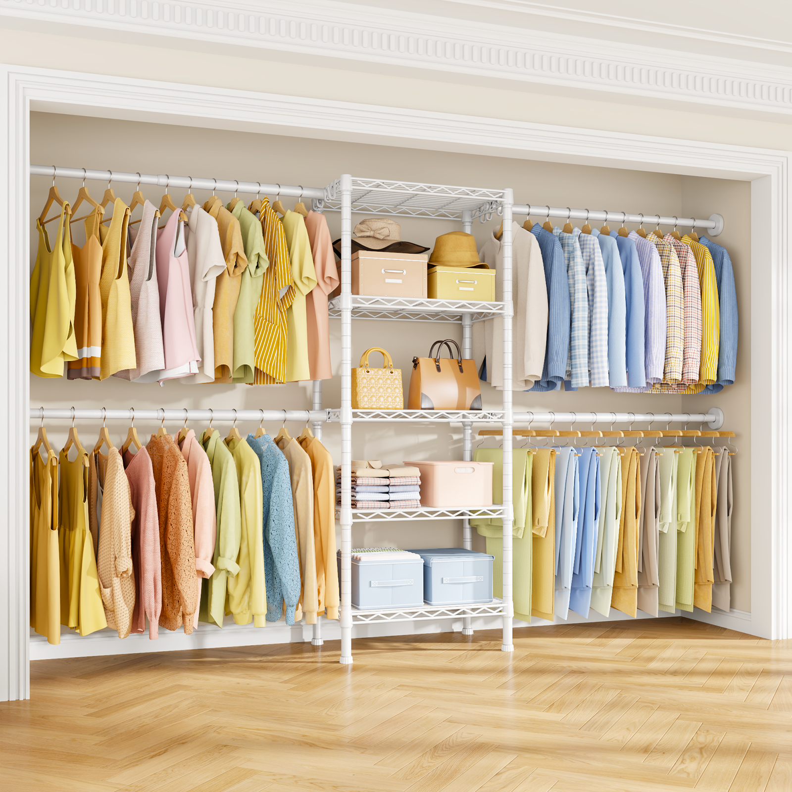 M2 Wall Mounted Closet System, Clothes Rack Mounted onto the Wall with 4 Expandable Hanger Rods and 5 Metal Shelves, Clothing Organizer Storage in (70.8-102.3)" L x 14.5" D x 71.2" H