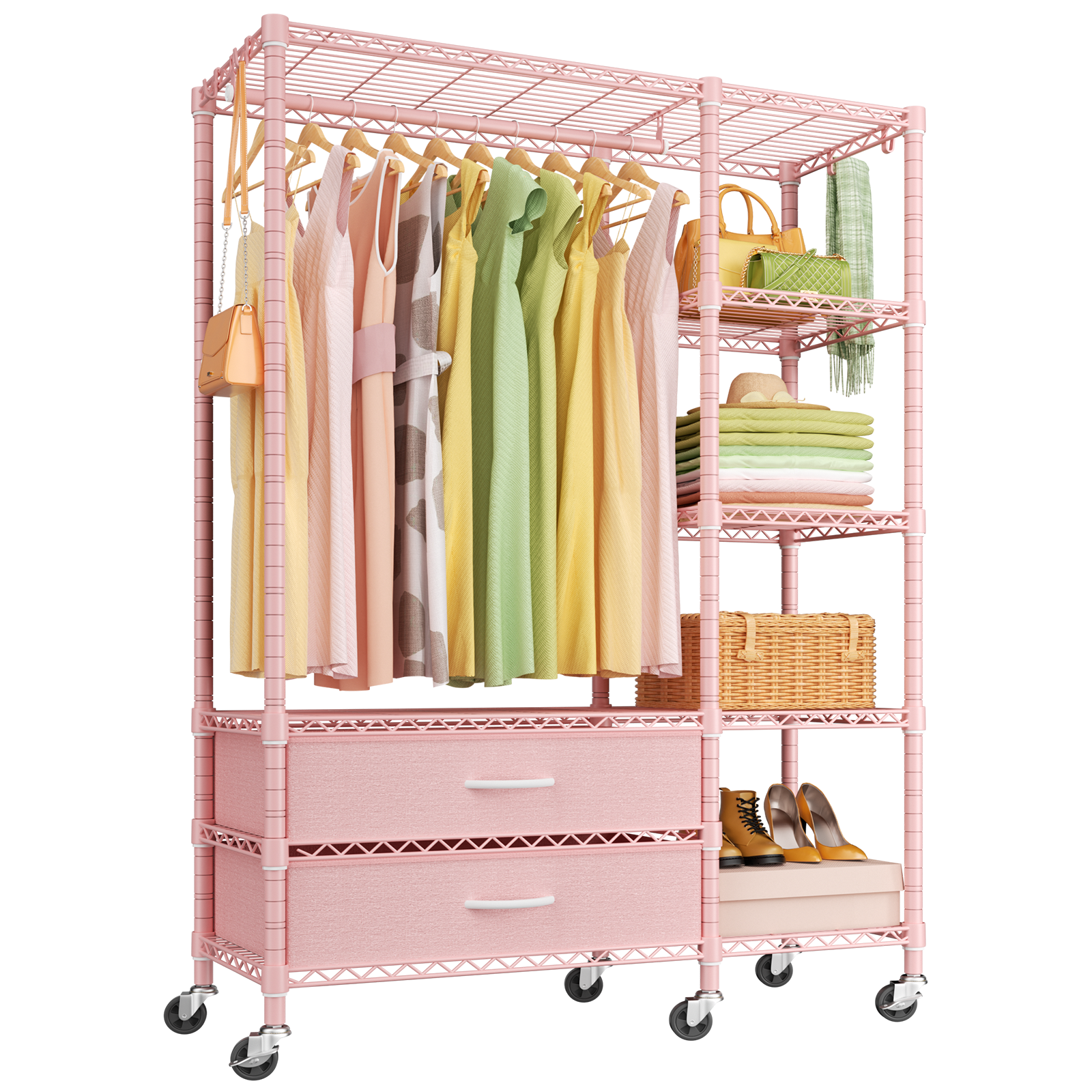 F3 Double Column Garment Rack (Black), 700LBS Load, 4-Tier Shelves & 2 Fabric Drawers with Bottom Boards