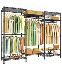 E13 Triple Column Garment Rack (Black), 900LBS Load, 8-Tier Shelves, 4 Hanger Rods & 8 S Hooks