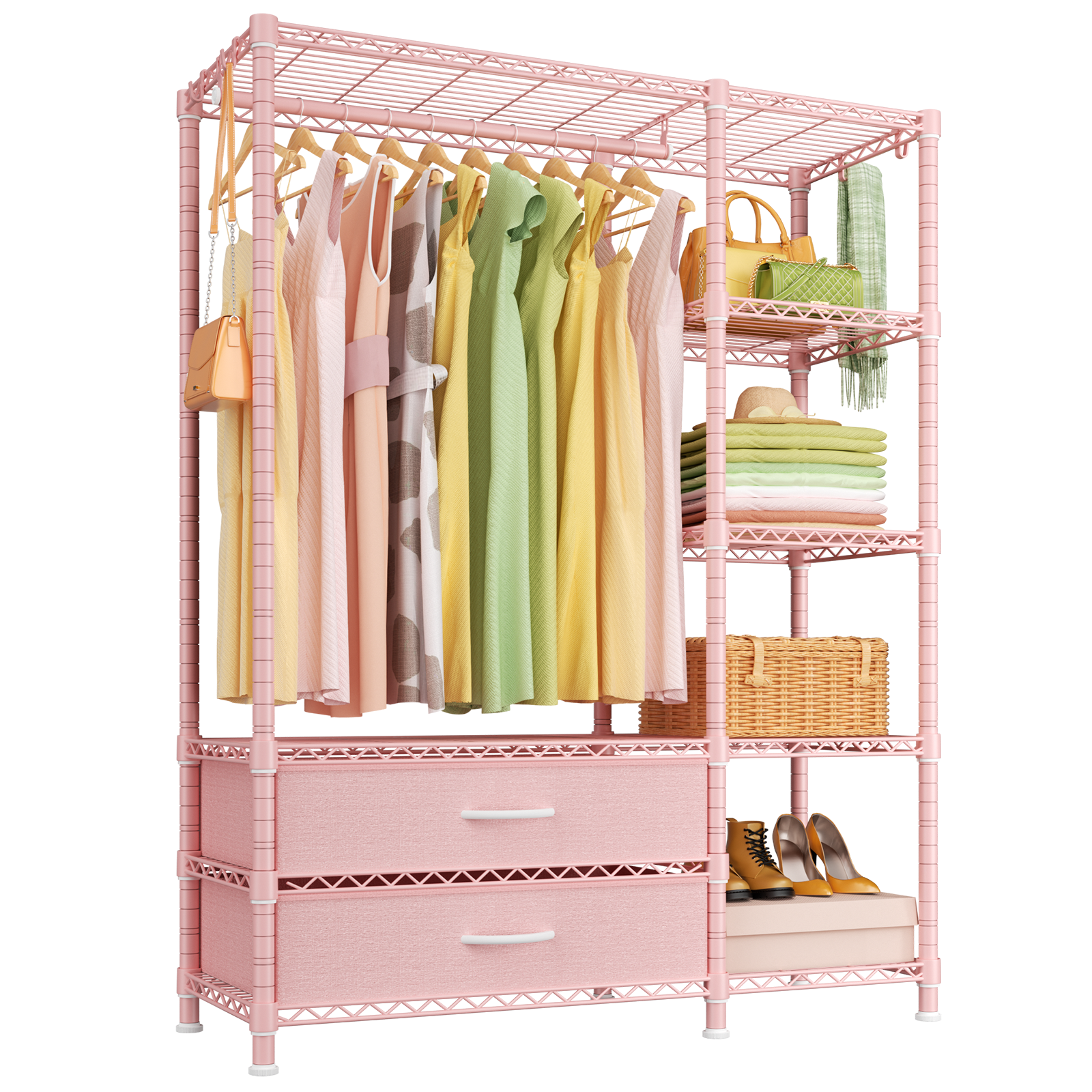 F3 Double Column Garment Rack (Black), 700LBS Load, 4-Tier Shelves & 2 Fabric Drawers with Bottom Boards