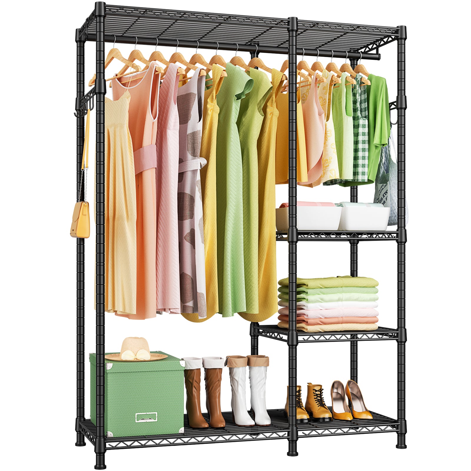 F4 Double Column Garment Rack (Black), 500LBS Load, 4-Tier Shelves & 1 Hanger Rod with Side Hooks