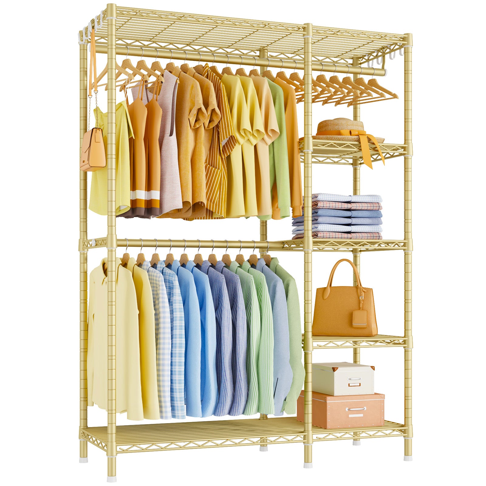 F2 45"W Double Column Garment Rack (Black), 630LBS Load & 5-Tier Adjustable Shelves