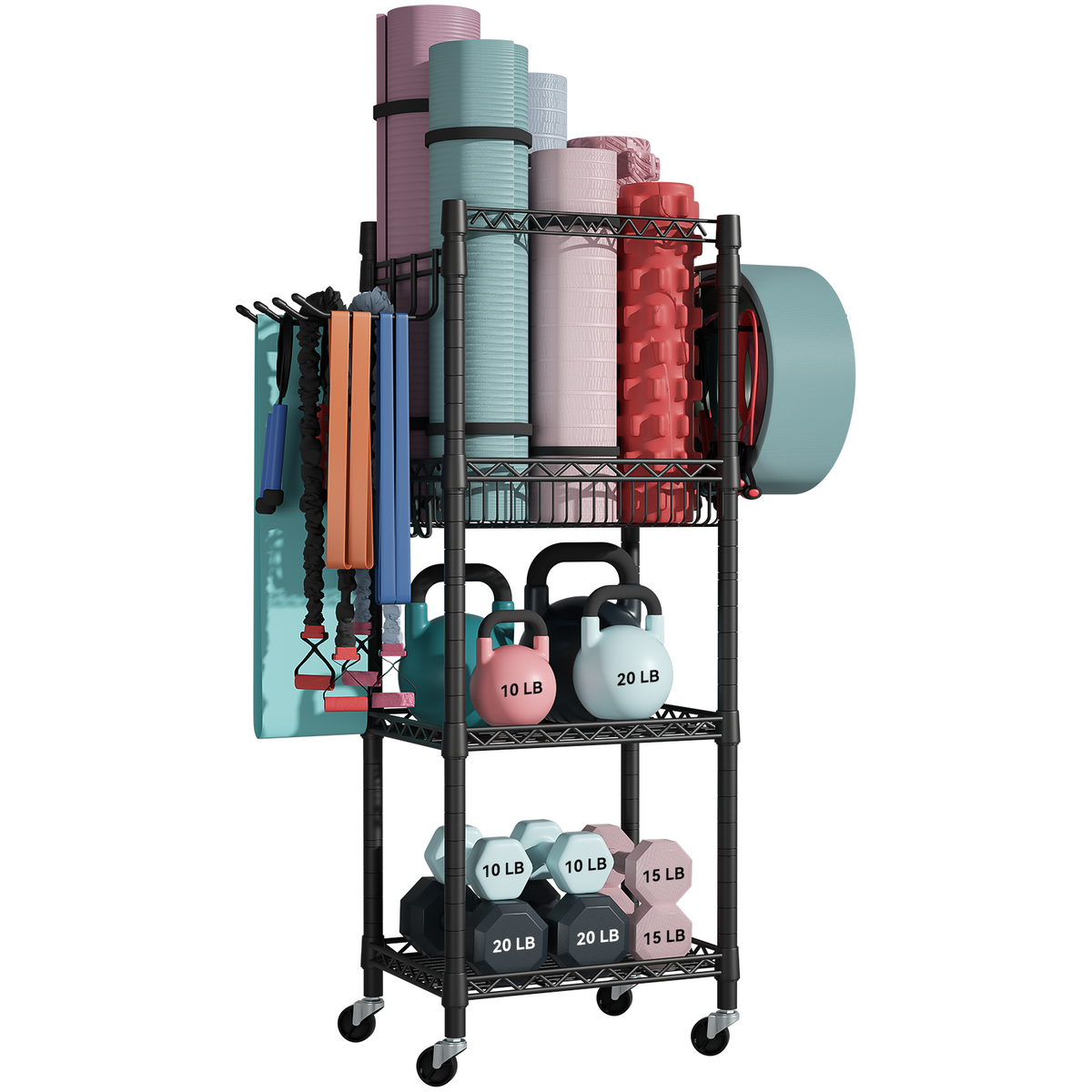 S1 Home Gym Storage, 3 Tiers Workout Equipment Organizer with Wheels for Yoga Mats, Foam Roller, Dumbbells, Kettlebells, and Resistance Bands