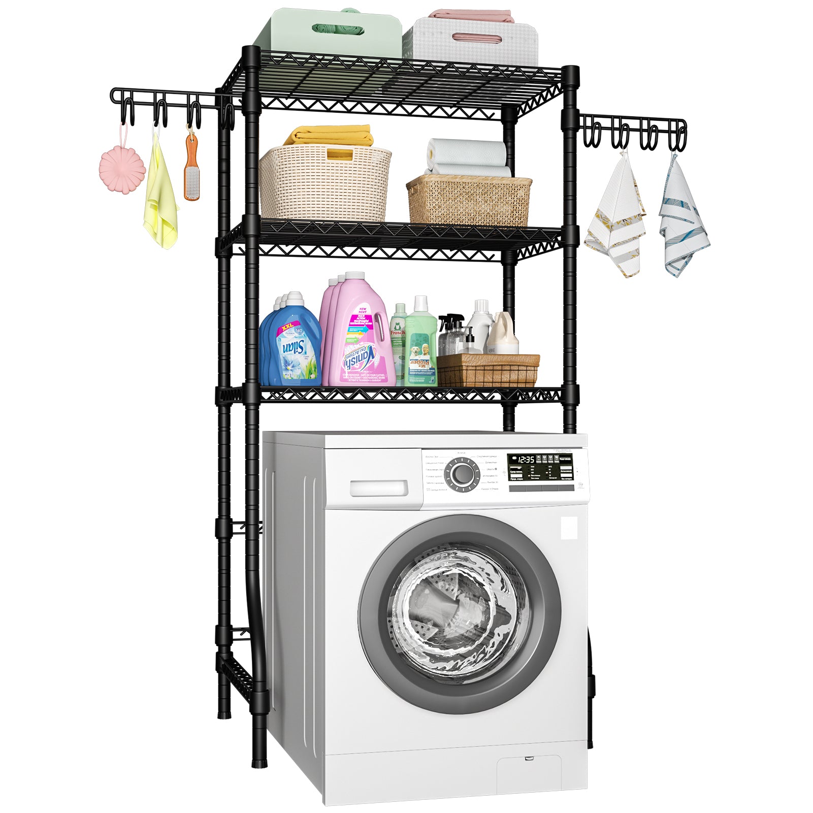 U8 Over-Washer Garment Rack (Black), ≤32.6" Washer Fit, 304LBS Load & Adjustable Shelves