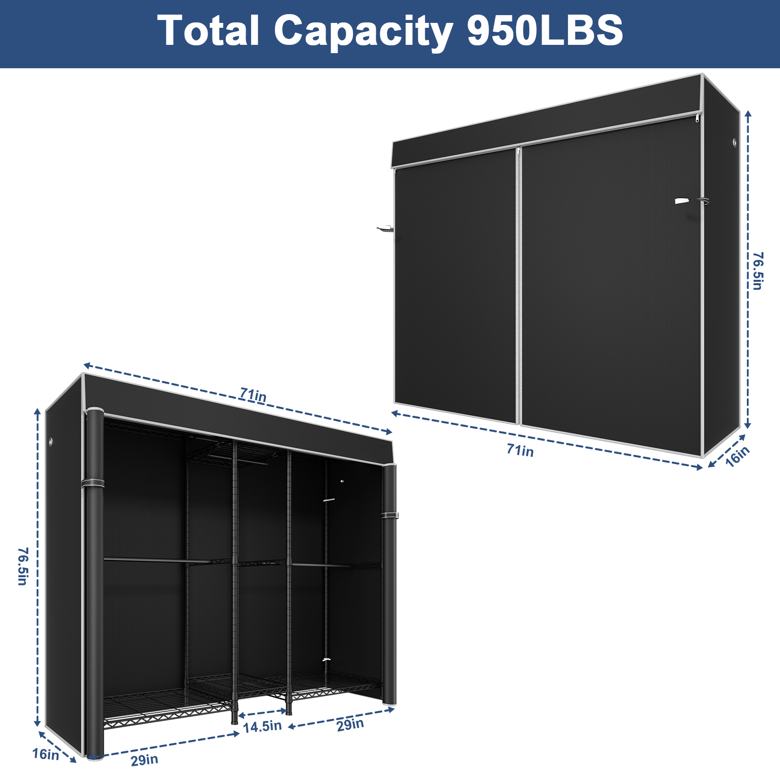 E12C Heavy Duty Closet Organizer System, Adjustable Garment Rack 71" W x 16" D x 76.5" H Holds 960 lbs