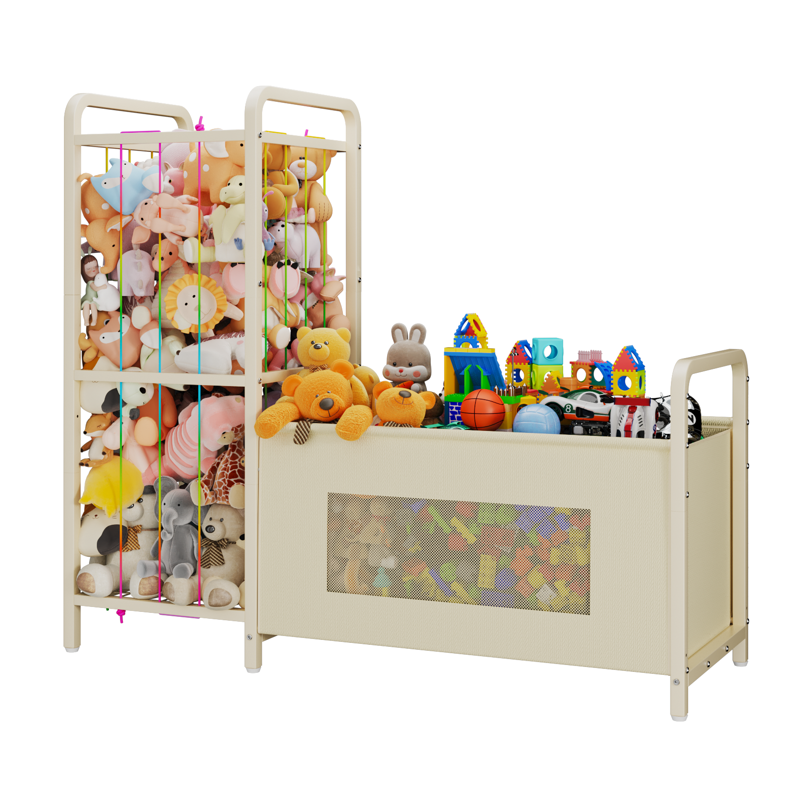 B10 Toy Storage Organizer with Stuffed Animal Storage, Large Toy Box Chest and Stuffed Animal Holder Zoo Organizer with Elastic Ropes for Nursery, Kids Room, Playroom, Bedroom, Beige