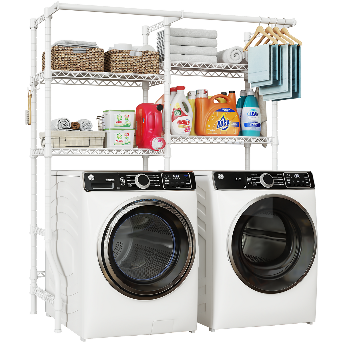 U14 Double Column Over-Washer Garment Rack, 4-Tier Storage & 2 Hanger Rods, 80-90LBS per Shelf Load