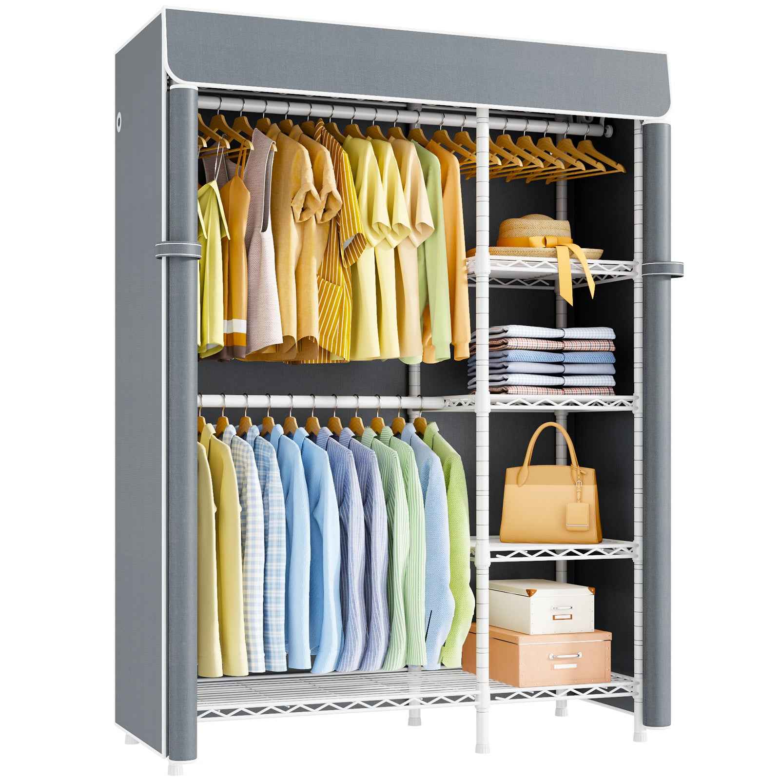 F2C Clothes Rack with Cover, Clothing Racks for Hanging Clothes, Heavy Duty Garment Rack with Shelves and Hanger Rods