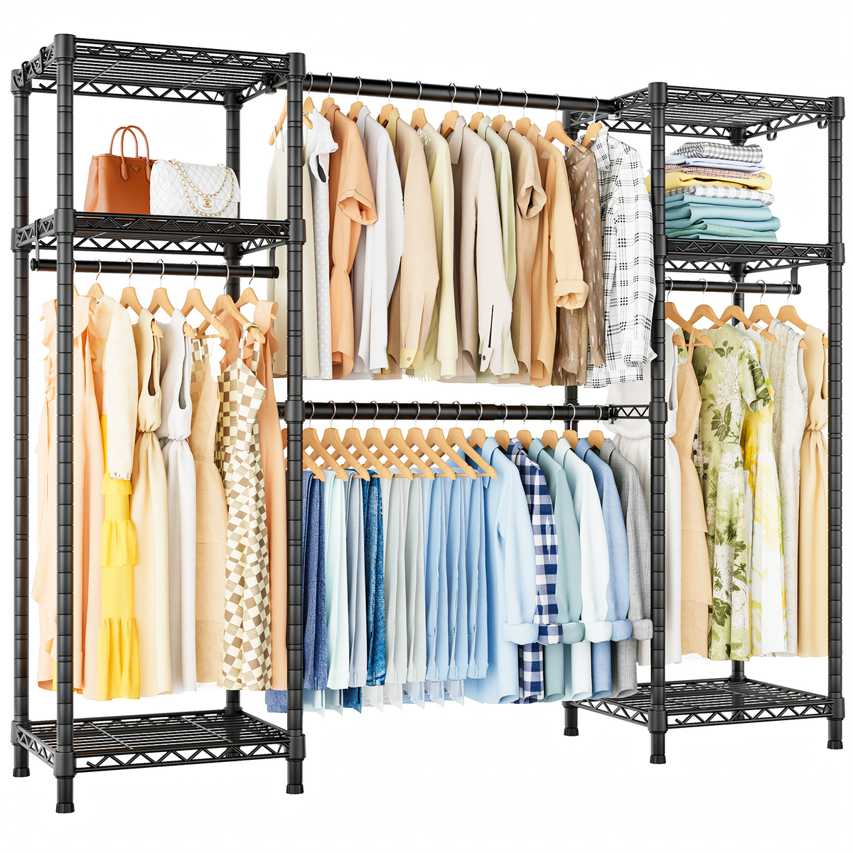 E7 52.3-72" Extendable Triple Column Garment Rack (Black), 838LBS Load & 6-Tier Wire Shelves