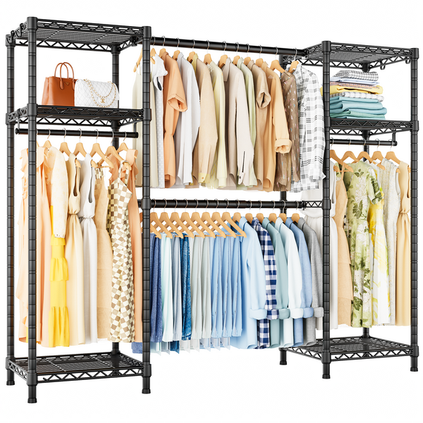 E7 52.3-72" Extendable Triple Column Garment Rack (Black), 838LBS Load & 6-Tier Wire Shelves