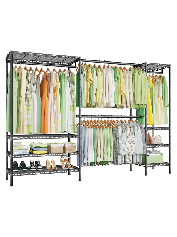 E11 73.2-97.6" Extendable Triple Column Garment Rack (Black), 1034LBS Load & Wall-Mounted/Free-Standing