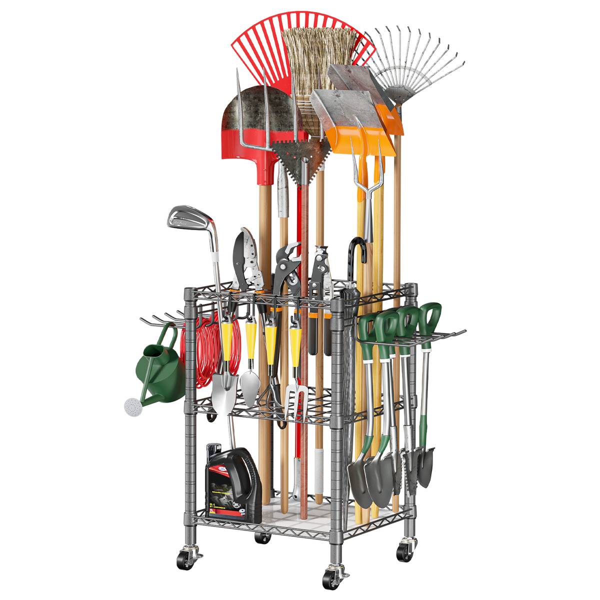 T1 Garden Tool Organizer（With Lockable Wheels）Heavy Duty Garage Tool Storage for Yard，Shed，Outdoor and Lawn，Freestanding Tool Organizers and Storage UP to 50 Tools, with Anti-Tip Device