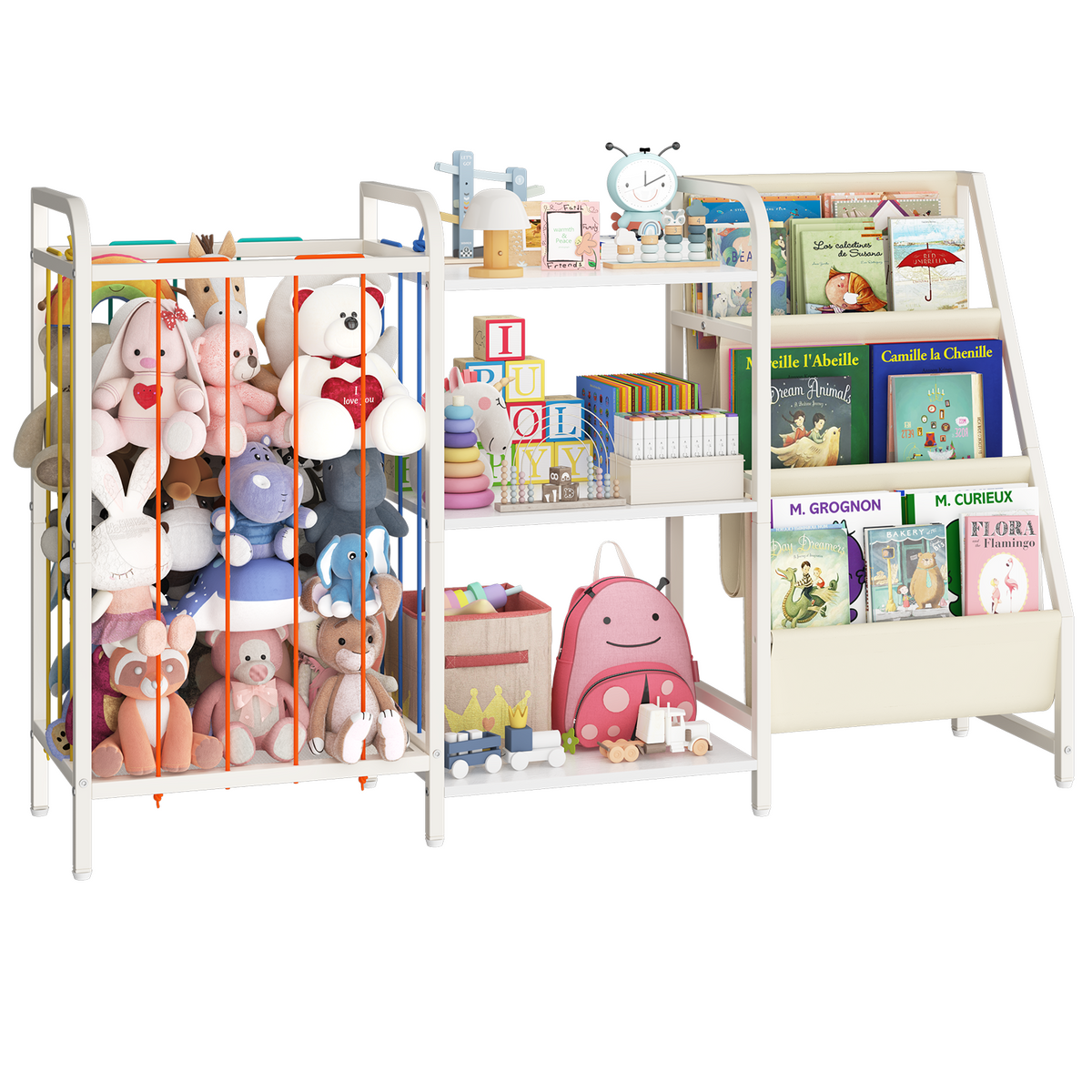 B1 Kids 3-in-1 Bookshelf and Toy Storage - 3-Tier Shelves+3 Sling Pockets for Nursery/Playroom