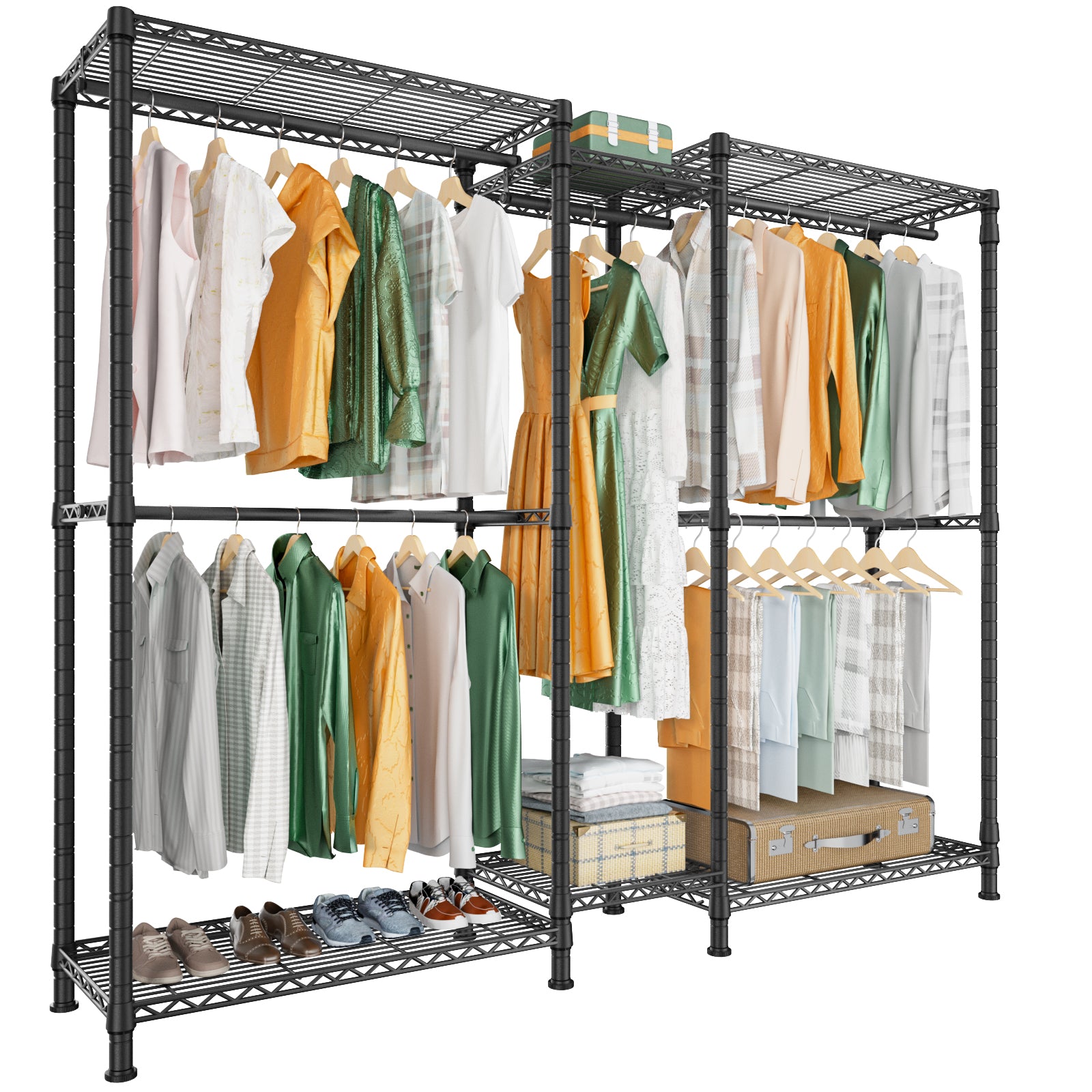 E12 Detachable Triple Column Garment Rack (Gold), 960LBS Load & 6-Tier Shelves with 4 Hanger Rods