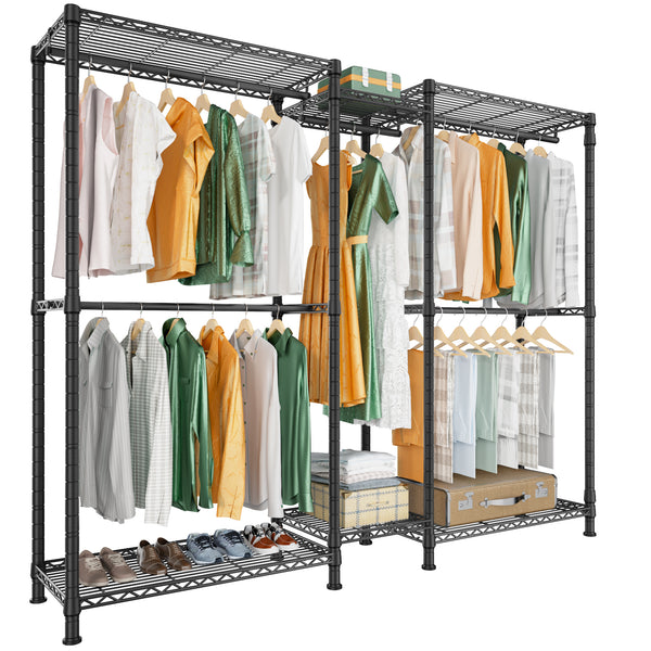 E12 Detachable Triple Column Garment Rack (Gold), 960LBS Load & 6-Tier Shelves with 4 Hanger Rods