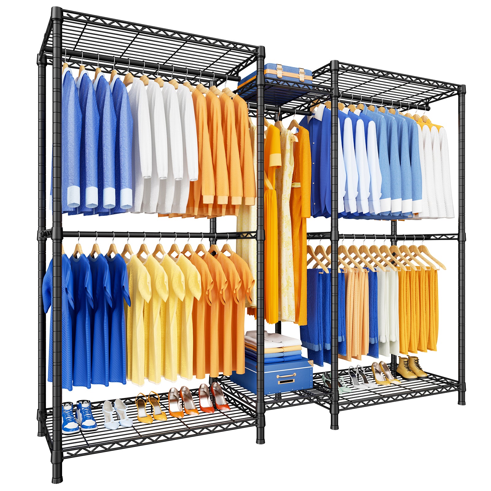 Ulif E12 Clothes Rack,Heavy Duty Freestanding Garment Rack with Shelves,Metal Clothing Closet Storage System for Hanging Clothes，71" W x 16" D x 76.5" H, Hold 960 lbs，Black