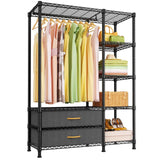 F3 Double Column Garment Rack (Black), 700LBS Load, 4-Tier Shelves & 2 Fabric Drawers with Bottom Boards