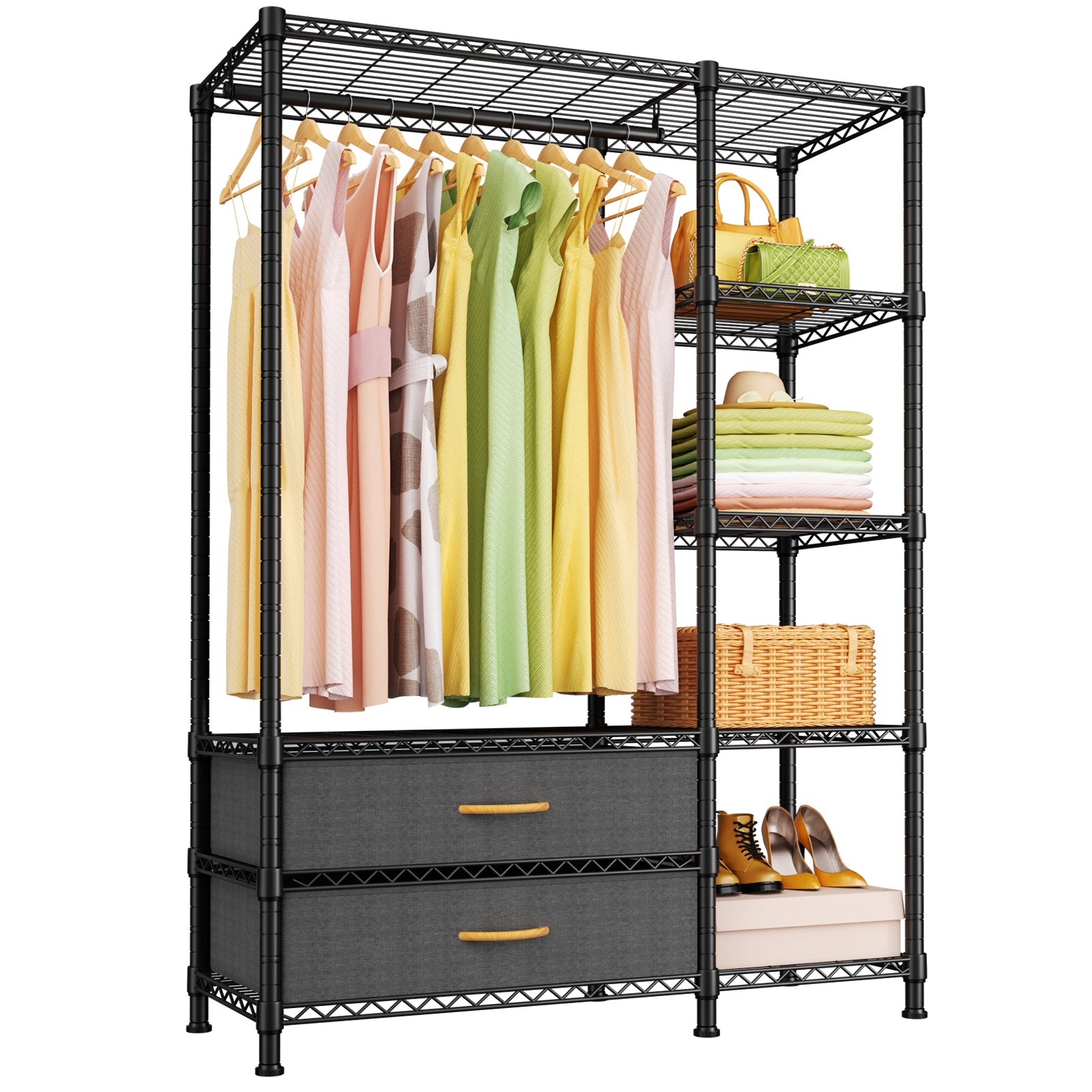 F3 Double Column Garment Rack (Black), 700LBS Load, 4-Tier Shelves & 2 Fabric Drawers with Bottom Boards