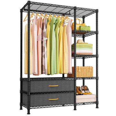 F3 Double Column Garment Rack (Black), 700LBS Load, 4-Tier Shelves & 2 Fabric Drawers with Bottom Boards