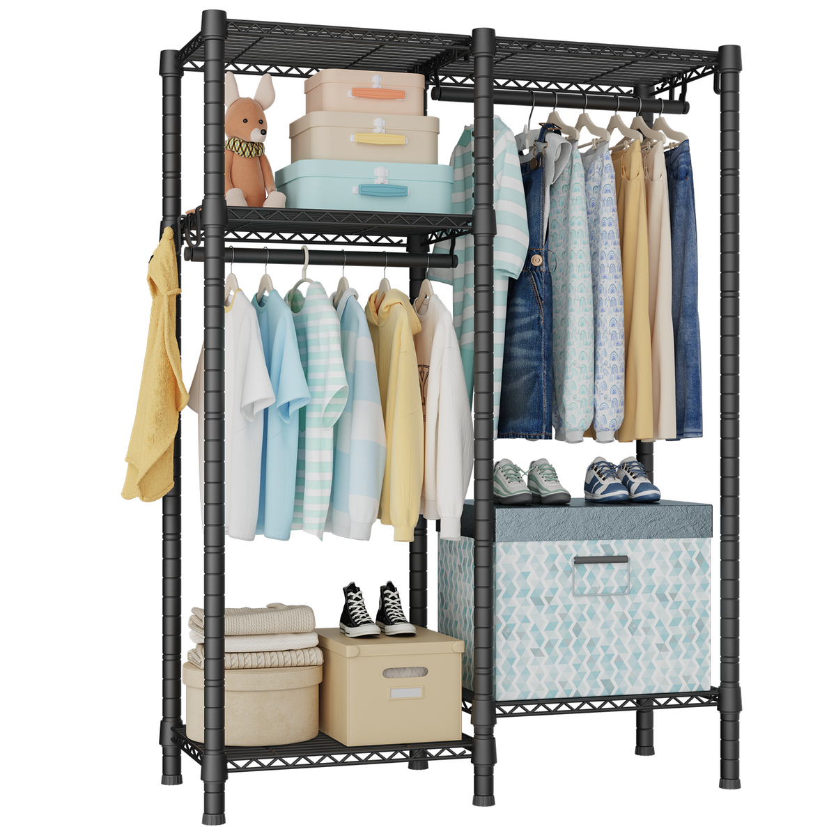 F1 Kids Double Column Garment Rack, Portable Clothing Rack with 4-Tier Shelves & 2 Hanger Rods