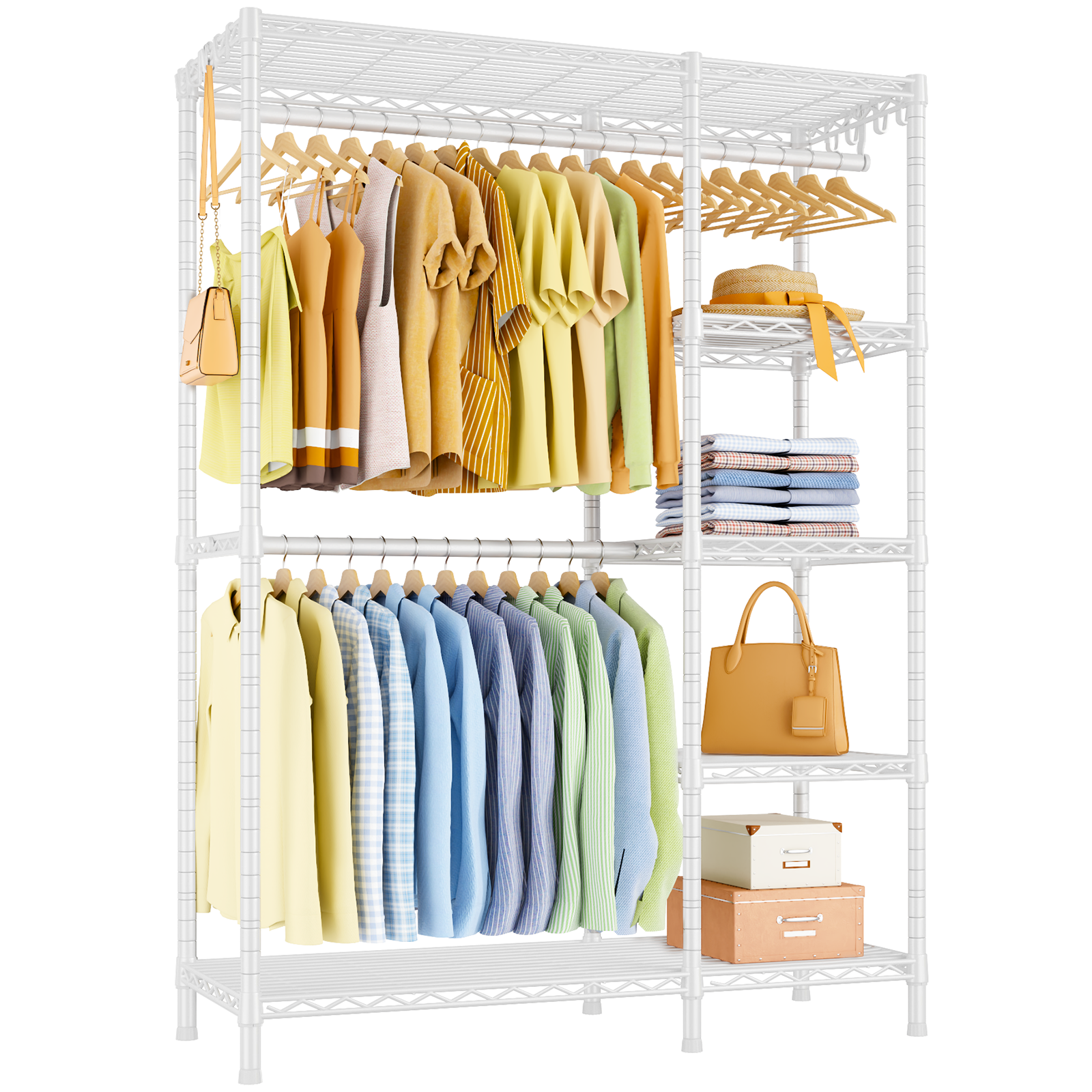 F2 45"W Double Column Garment Rack (Black), 630LBS Load & 5-Tier Adjustable Shelves