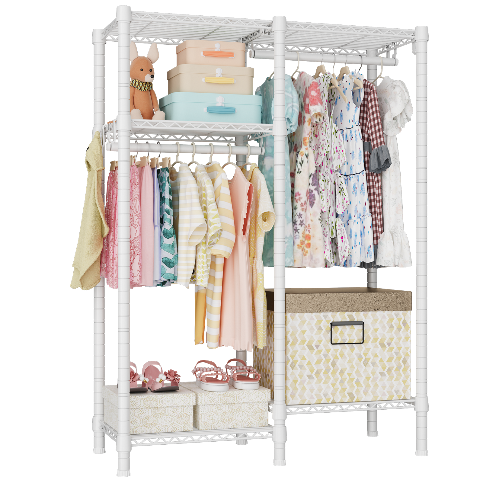 F1 Kids Double Column Garment Rack (Black), 4-Tier Shelves & 2 Hanger Rods, 40LBS per Shelf