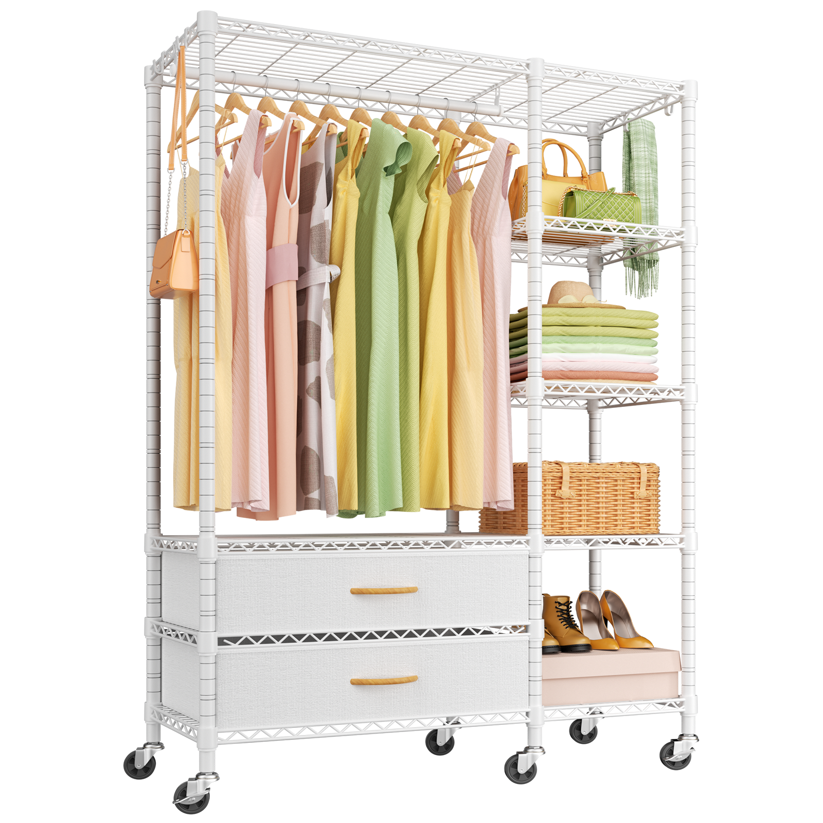 F3 Double Column Garment Rack (Black), 700LBS Load, 4-Tier Shelves & 2 Fabric Drawers with Bottom Boards