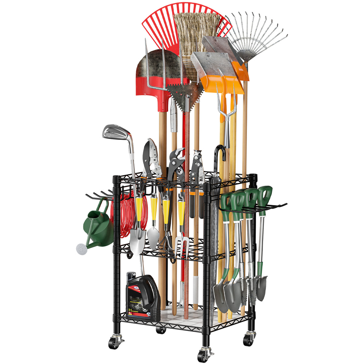T1 Garden Tool Organizer（With Lockable Wheels）Heavy Duty Garage Tool Storage for Yard，Shed，Outdoor and Lawn，Freestanding Tool Organizers and Storage UP to 50 Tools, with Anti-Tip Device