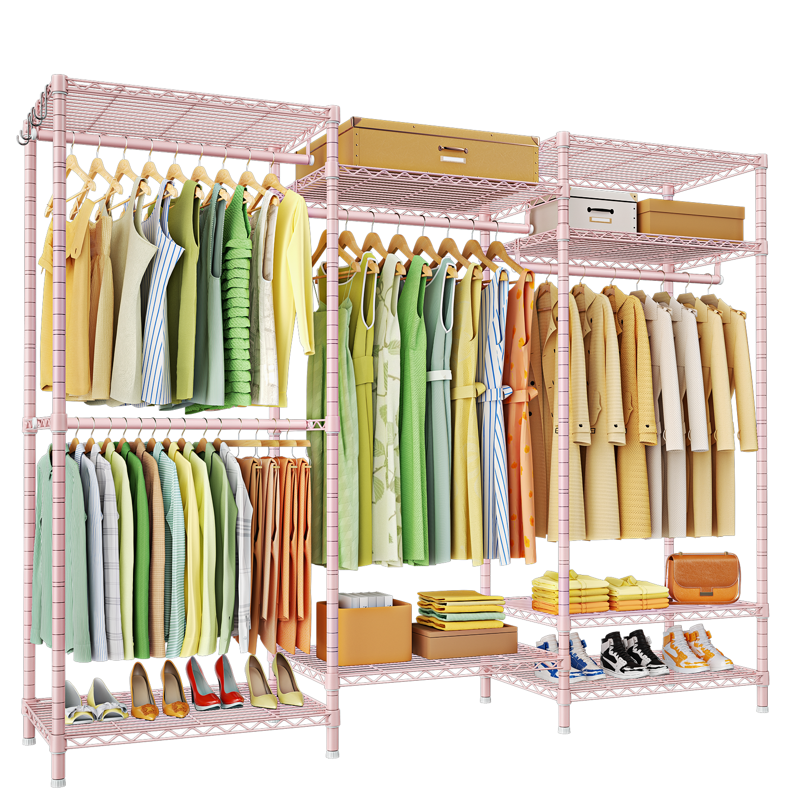 E13 Triple Column Garment Rack (Black), 900LBS Load, 8-Tier Shelves, 4 Hanger Rods & 8 S Hooks