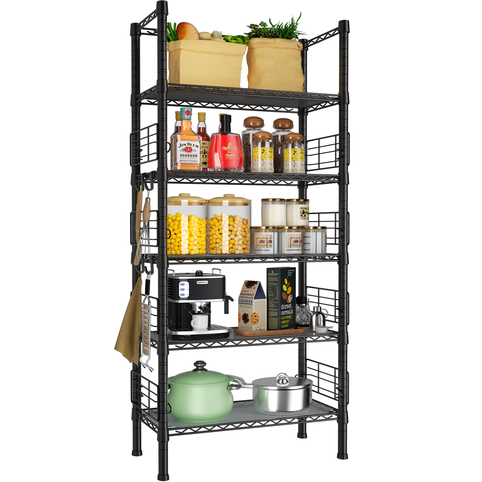Narrow Metal Storage Rack (Black), 5-Tier, 400LBS Load & Guardrails for Kitchen/Bathroom