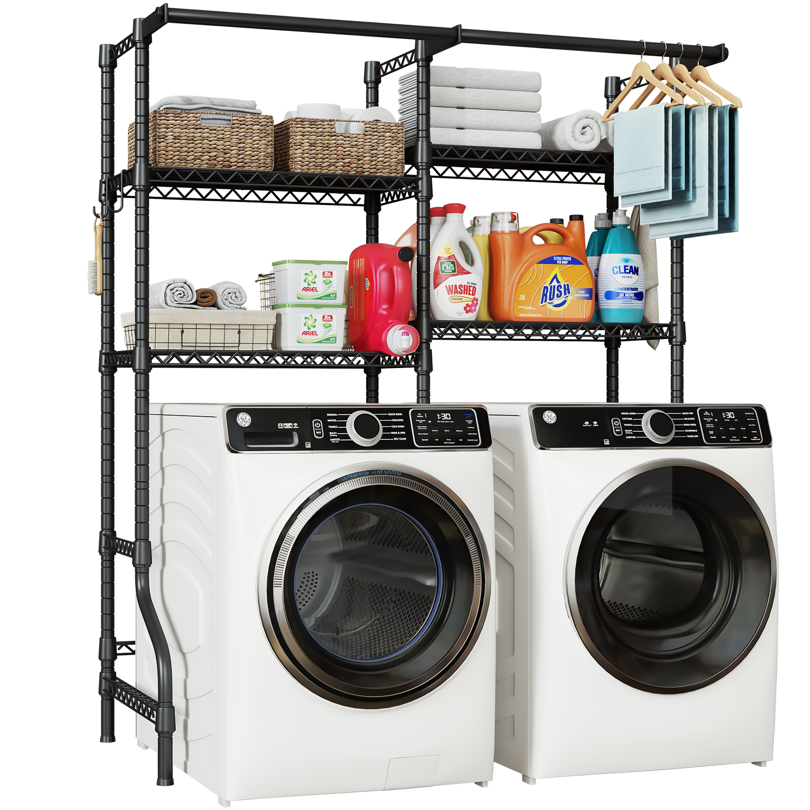 U14 Double Column Over-Washer Garment Rack, 4-Tier Storage & 2 Hanger Rods, 80-90LBS per Shelf Load