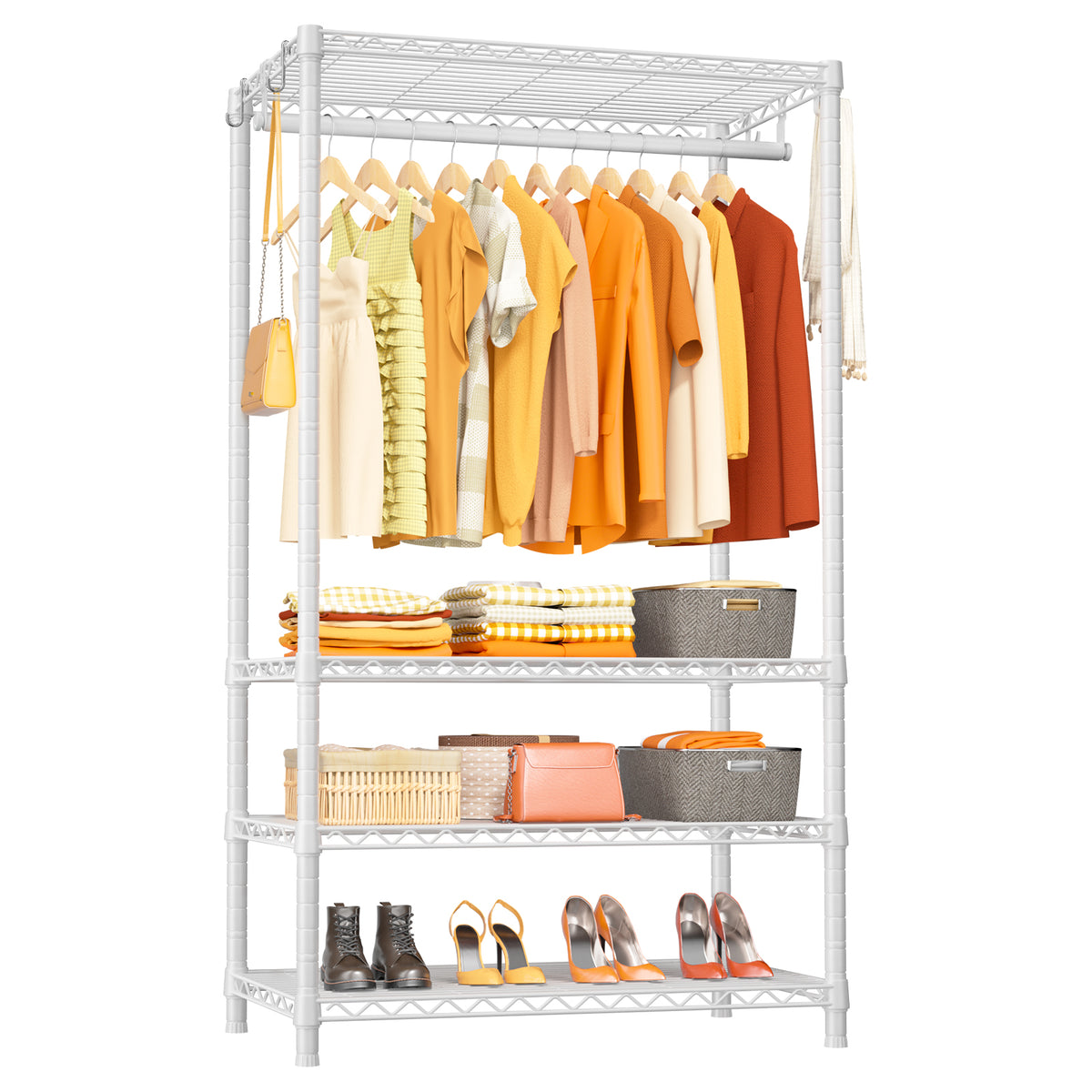 H4 35.4"W Single Column Garment Rack (Black), 512LBS Load & 4-Tier Storage Shelves