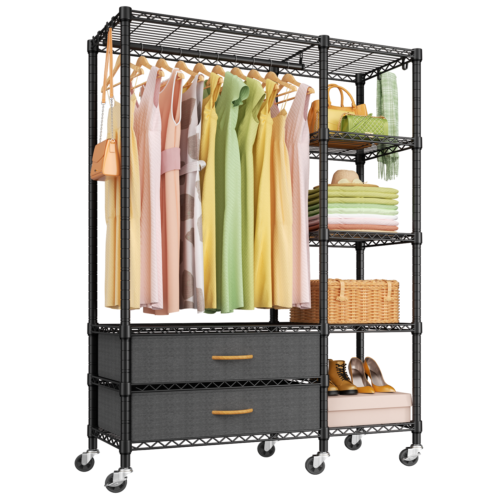F3 Double Column Garment Rack (Black), 700LBS Load, 4-Tier Shelves & 2 Fabric Drawers with Bottom Boards