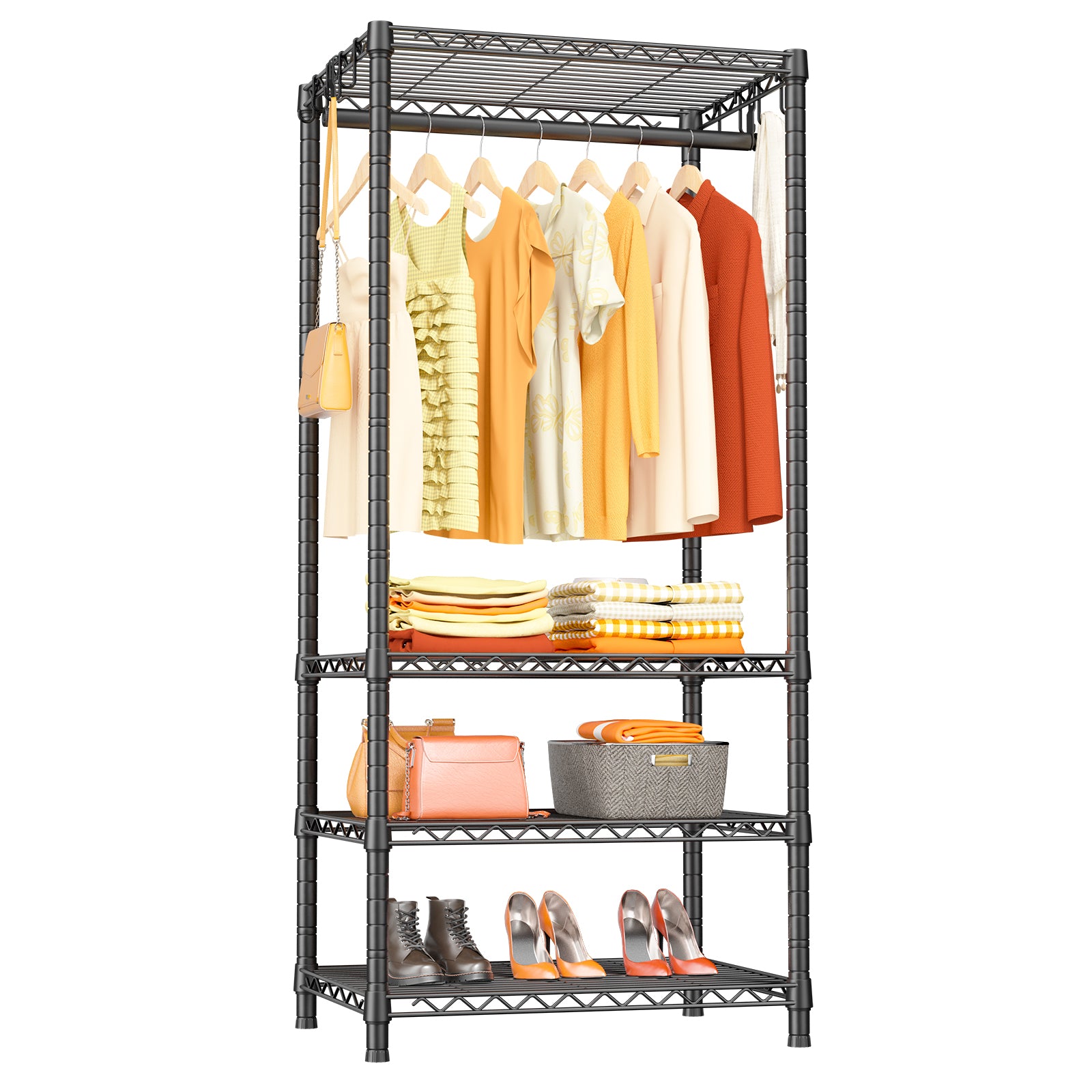 H2 30"W Single Column Garment Rack (Black), 500LBS Load & 4-Tier Adjustable Wire Shelves