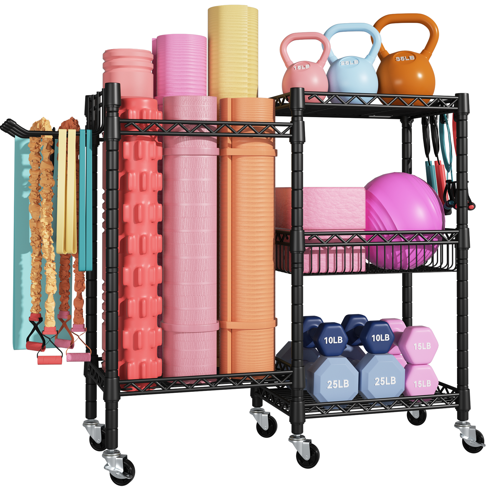 S2 Home Gym Storage, 3 Tiers Workout Equipment Organizer with Wheels for Yoga Mats, Foam Roller, Dumbbells, Kettlebells, and Resistance Bands
