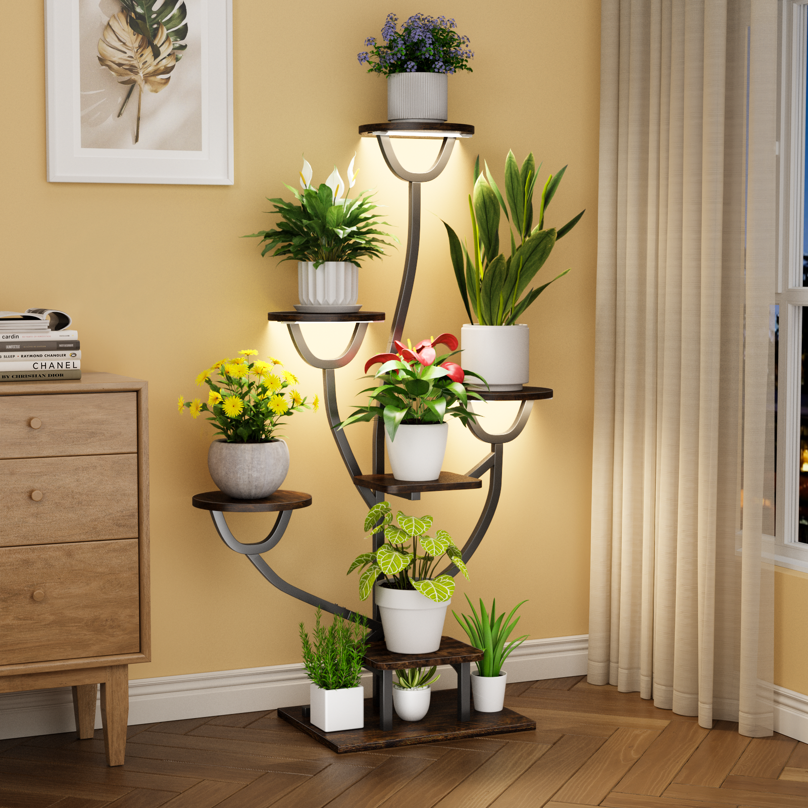 C4 Plant Stand Indoor with Grow Lights - 44.2" Tall Plant Shelf, Lighted Corner Plant Stands for Indoor Growing, 7 Tiered Metal & Wood Plant Holder Display Shelves for Living Room, Patent Design
