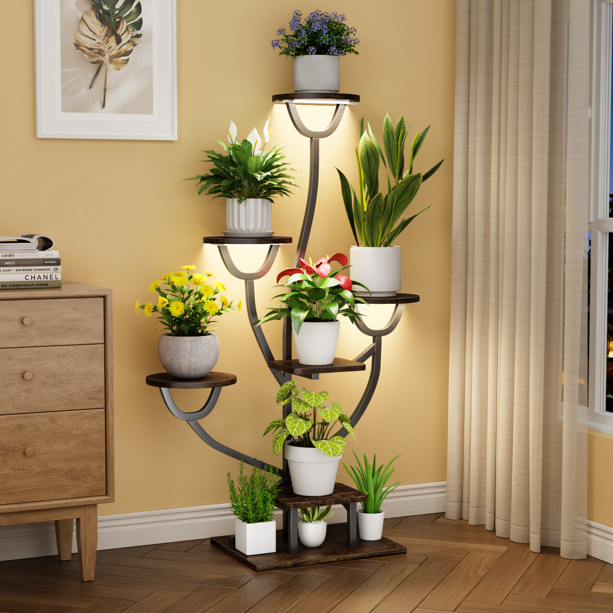 C4 Plant Stand Indoor with Grow Lights - 44.2" Tall Plant Shelf, Lighted Corner Plant Stands for Indoor Growing, 7 Tiered Metal & Wood Plant Holder Display Shelves for Living Room, Patent Design