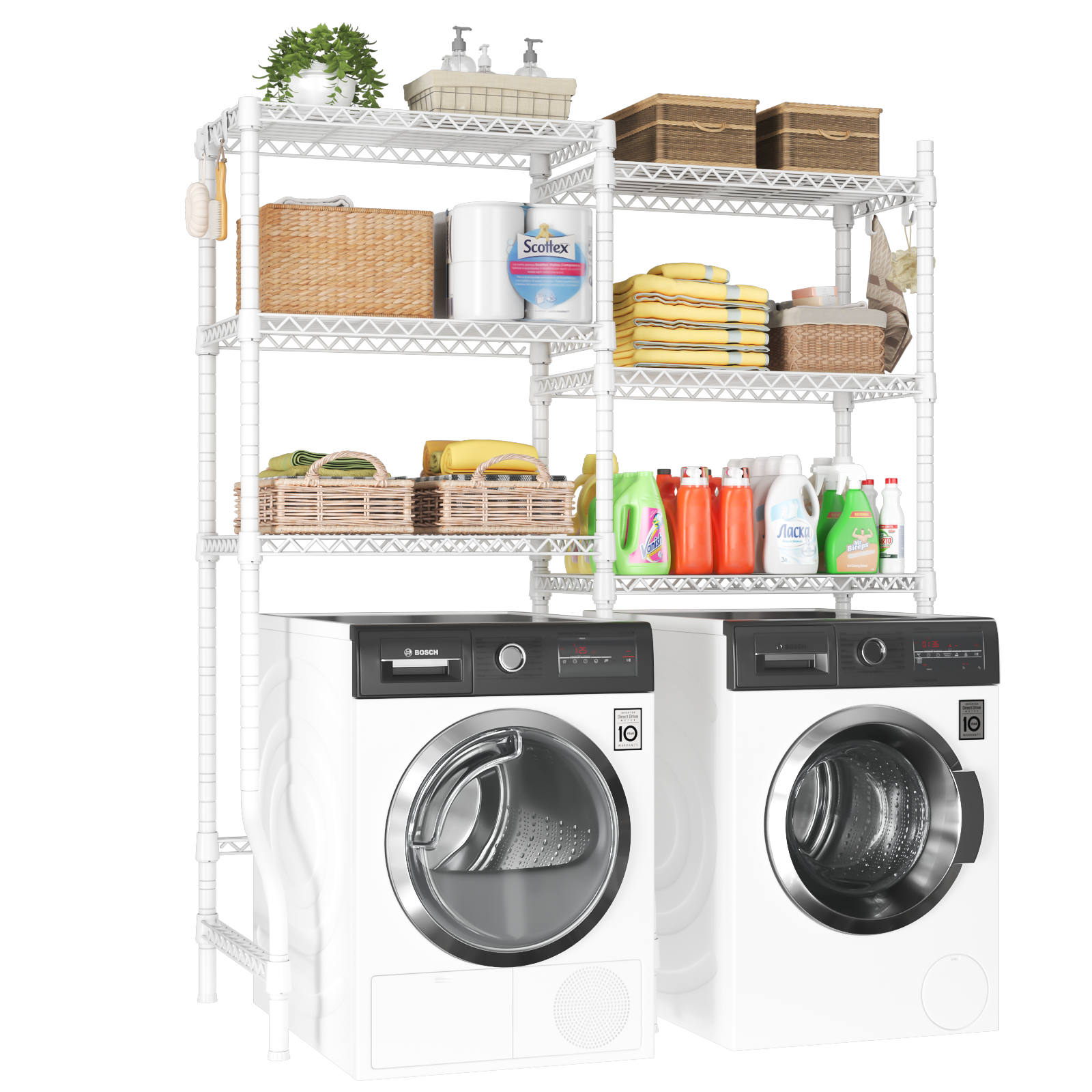 U15 Over Washer and Dryer Storage Shelves, Laundry Above Washer Dryer Storage Rack Space Saver, 6-Tier Wire Shelf with 4 Hooks for Organization, 63.4"W x 17.3"D x 76.4"H, Holds 568lbs