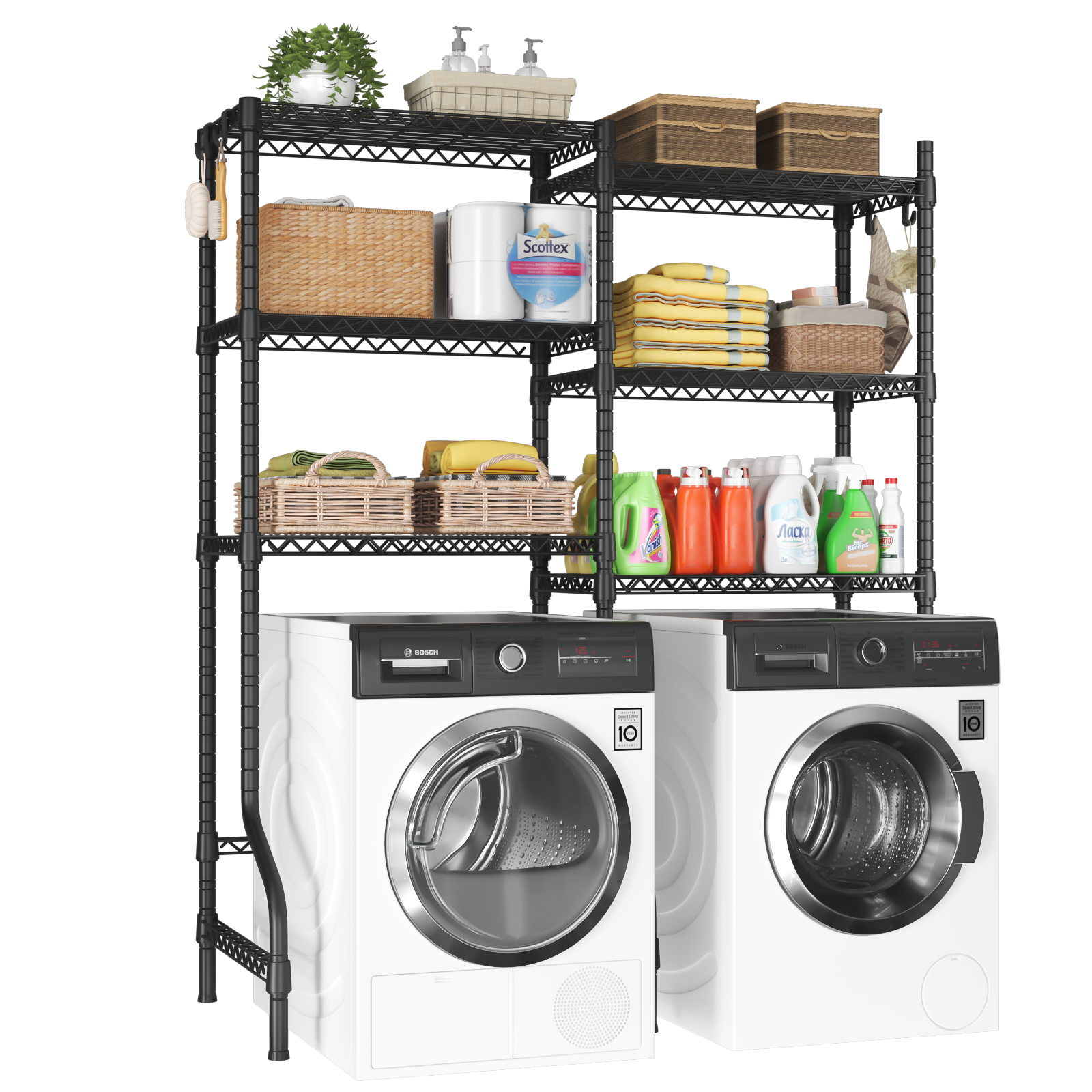 U15 Over Washer and Dryer Storage Shelves, Laundry Above Washer Dryer Storage Rack Space Saver, 6-Tier Wire Shelf with 4 Hooks for Organization, 63.4"W x 17.3"D x 76.4"H, Holds 568lbs