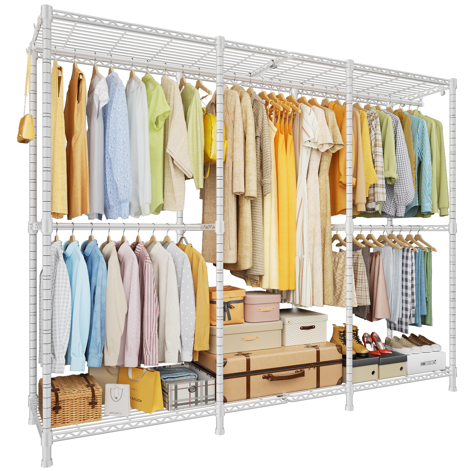 E14 Pro Heavy Duty Clothes Rack，Freestanding Clothing Racks for Hanging Clothes，Adjustable Closet Organizers and Storage，Metal Garment Rack with Shelves