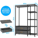 F3 Double Column Garment Rack (Black), 700LBS Load, 4-Tier Shelves & 2 Fabric Drawers with Bottom Boards