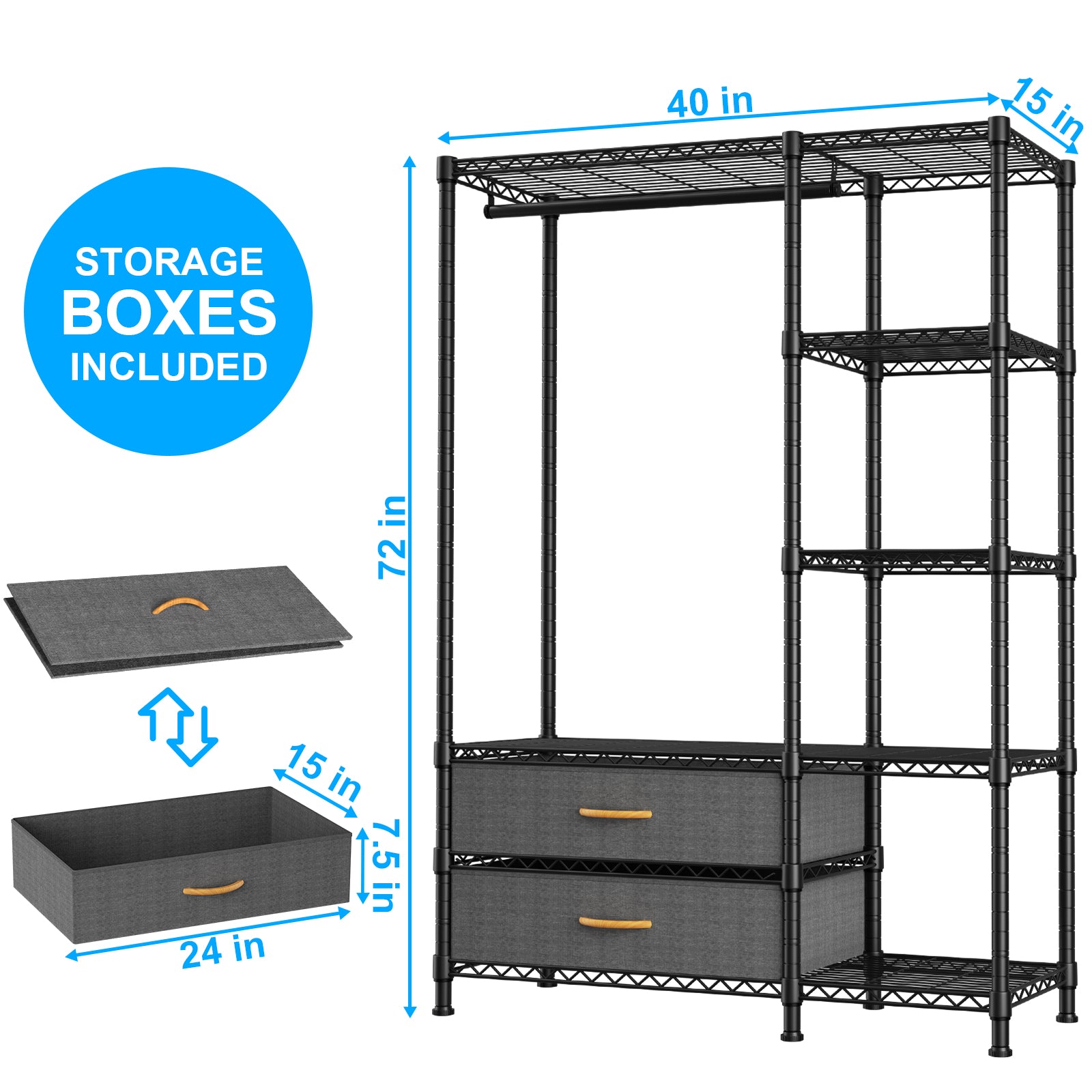 F3 Double Column Garment Rack (Black), 700LBS Load, 4-Tier Shelves & 2 Fabric Drawers with Bottom Boards