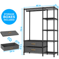 F3 Double Column Garment Rack (Black), 700LBS Load, 4-Tier Shelves & 2 Fabric Drawers with Bottom Boards