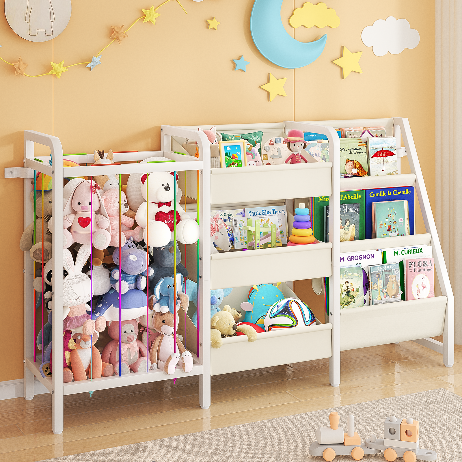 B2 Kids Bookshelf and Toy Storage, 3 Tier Book Shelf for Kids Rooms, Sling Toddler Bookshelf with Stuffed Animal Storage, Montessori Baby Bookcase for Nursery, Bedroom, Playroom, White